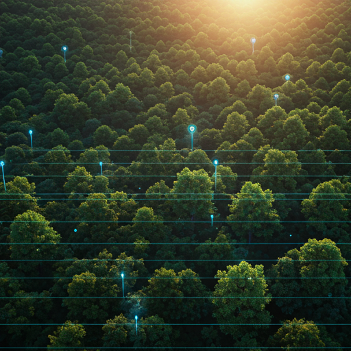Aerial view of a forest canopy with glowing data overlays - Neural Networks in the Canopy.