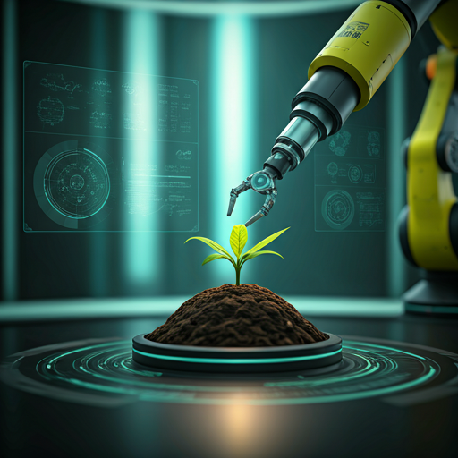 A robotic arm tending to a green seedling in a clean lab - Soil Regeneration Stack.